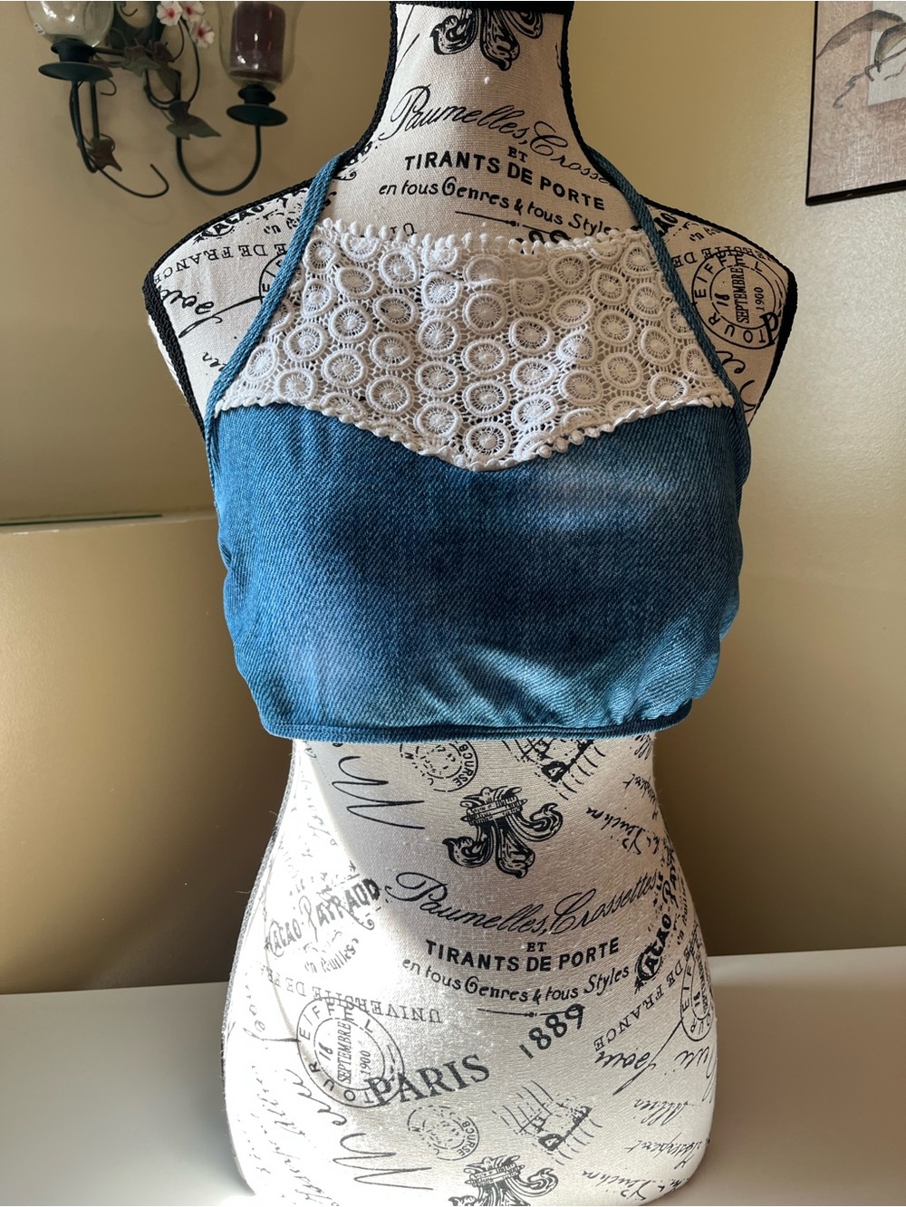 George Blue Halter Crop Top with White Lace Yoke